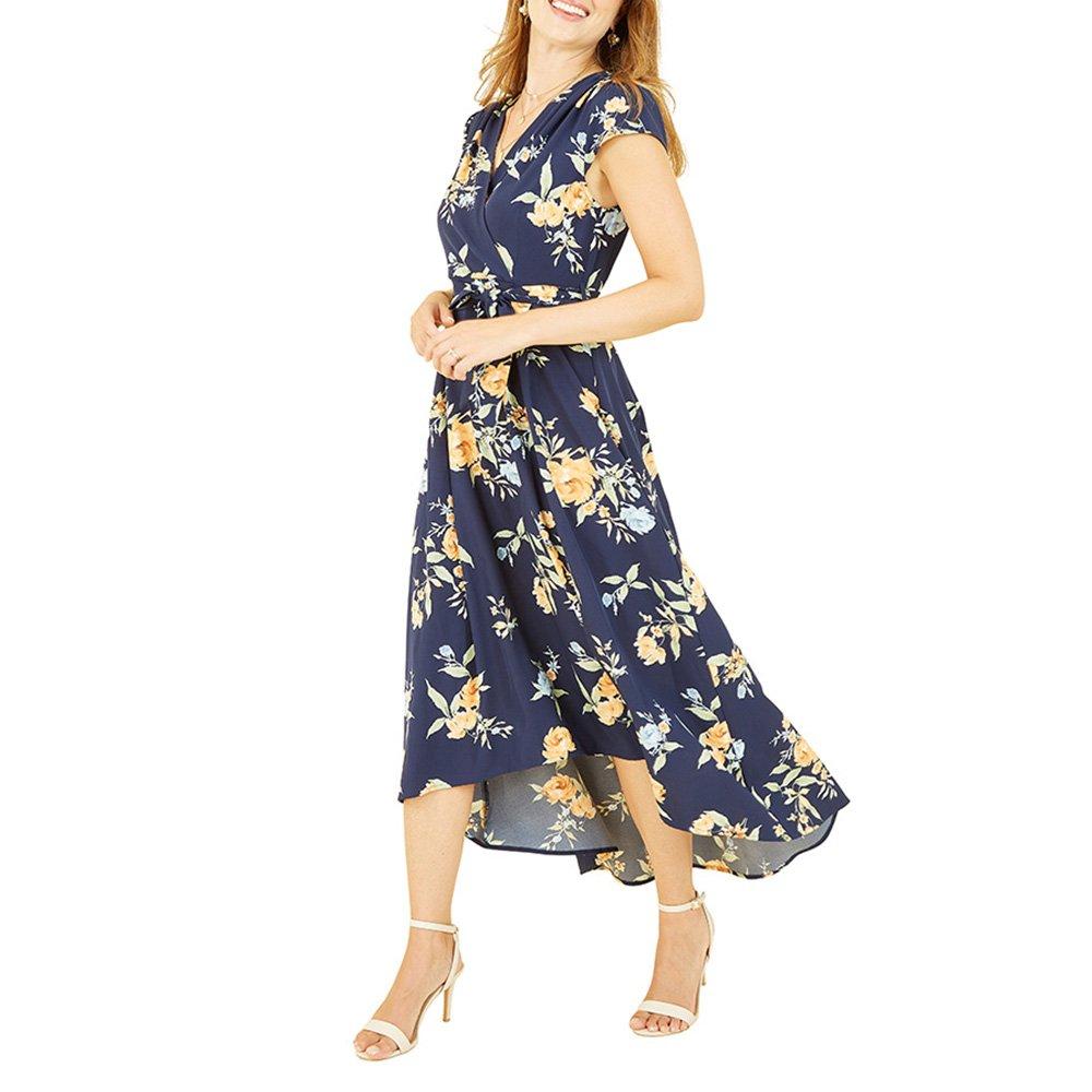 Navy - Mela London - Women's Navy Floral Print Dipped Hem Wrap Dress - 2