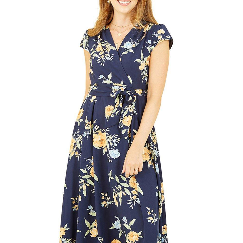 Navy - Mela London - Women's Navy Floral Print Dipped Hem Wrap Dress - 3