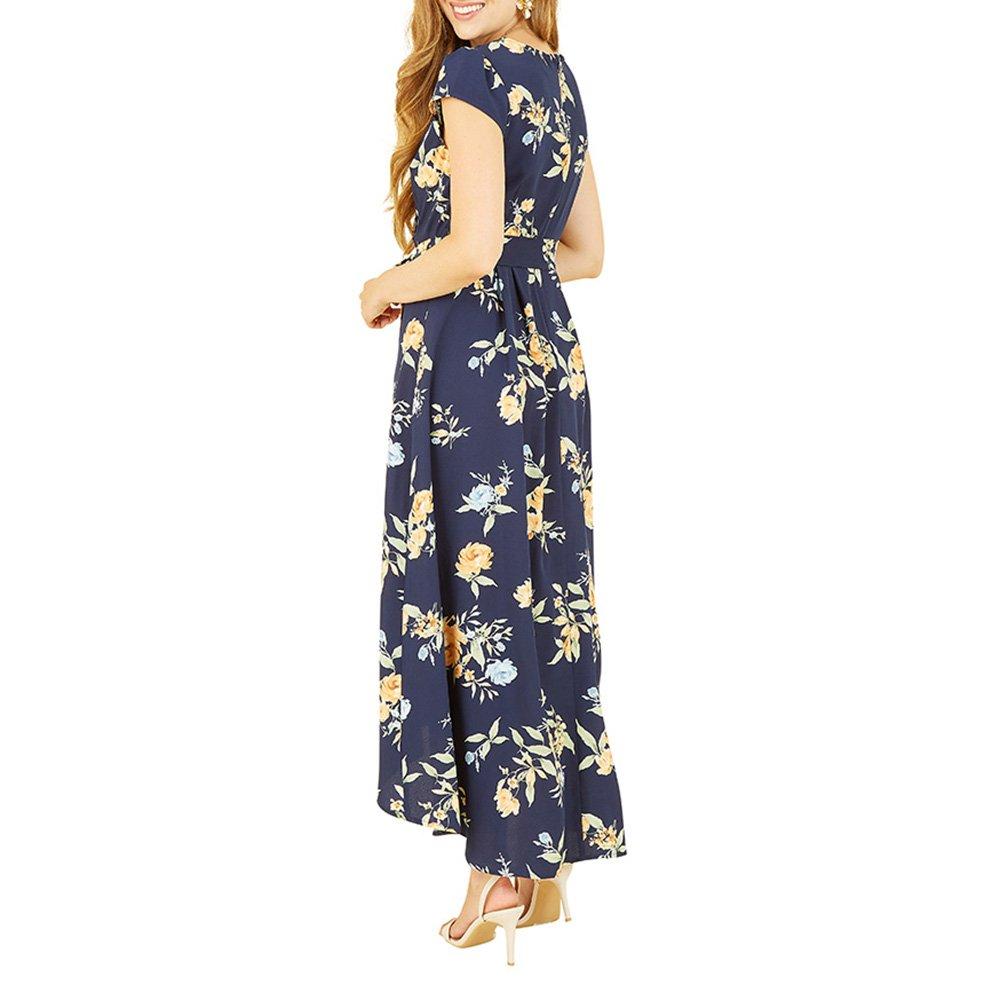 Navy - Mela London - Women's Navy Floral Print Dipped Hem Wrap Dress - 4