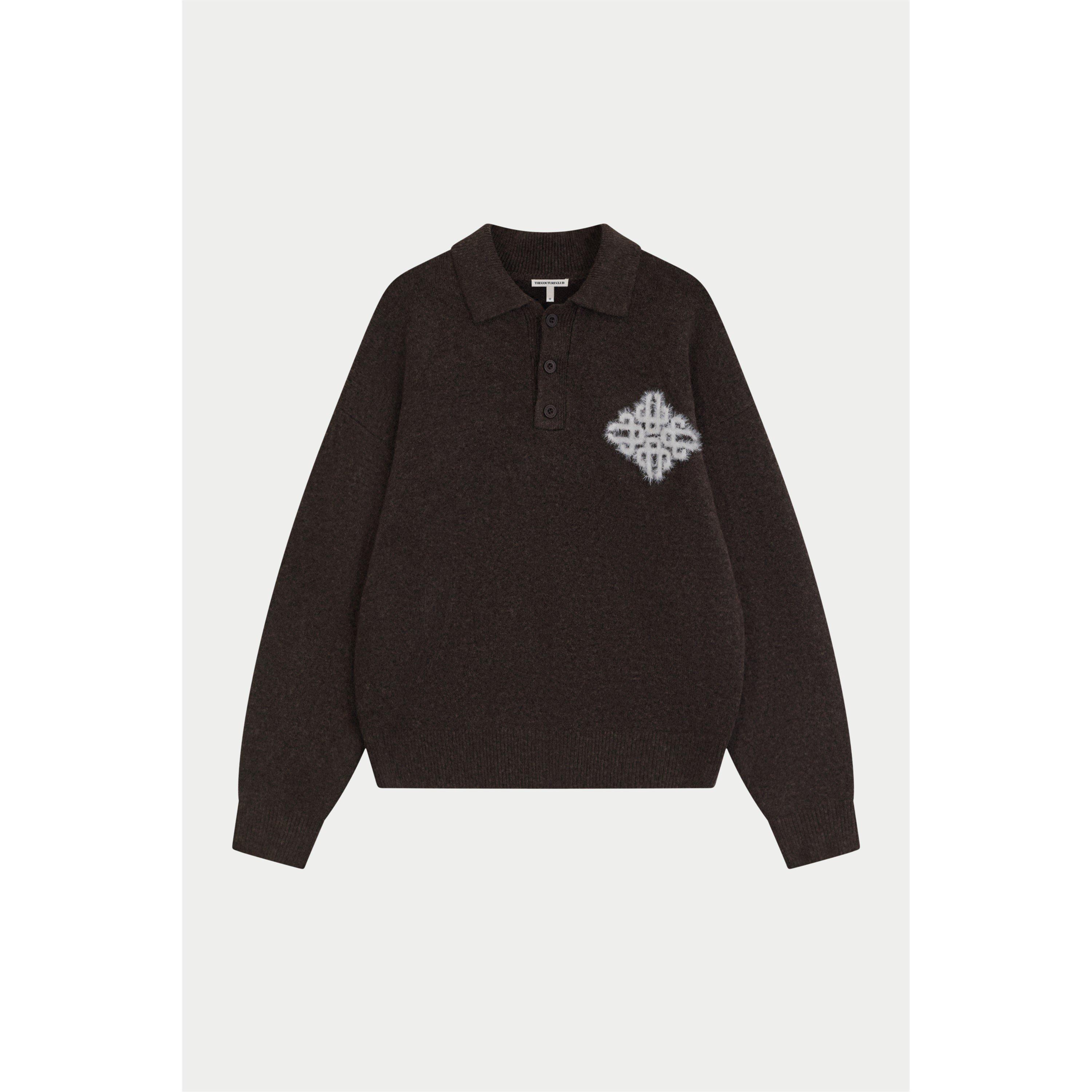 Men's Fluffy Chunky Knit Long-Sleeve Oversized-Fit Polo Shirt