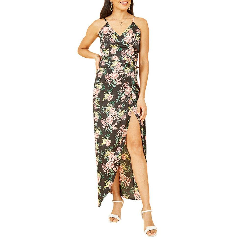 Black - Mela London - Women's Black Satin Floral Wrap Maxi Dress - 2