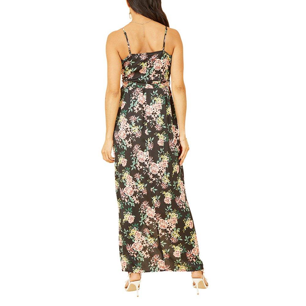 Black - Mela London - Women's Black Satin Floral Wrap Maxi Dress - 4