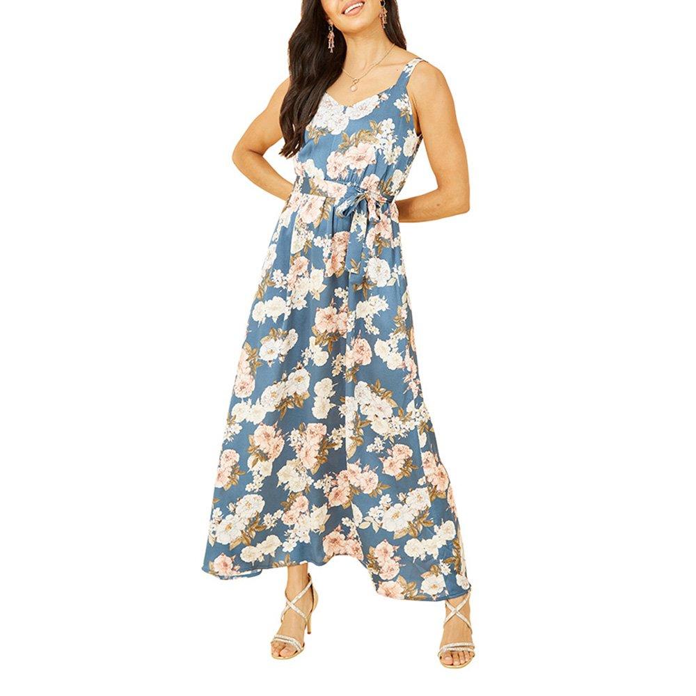 Blue - Mela London - Women's Blue Satin Floral Print Maxi Dress - 2