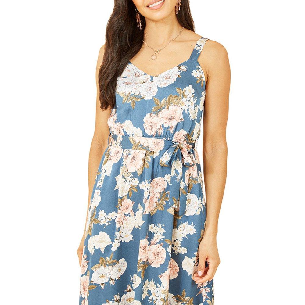 Blue - Mela London - Women's Blue Satin Floral Print Maxi Dress - 3