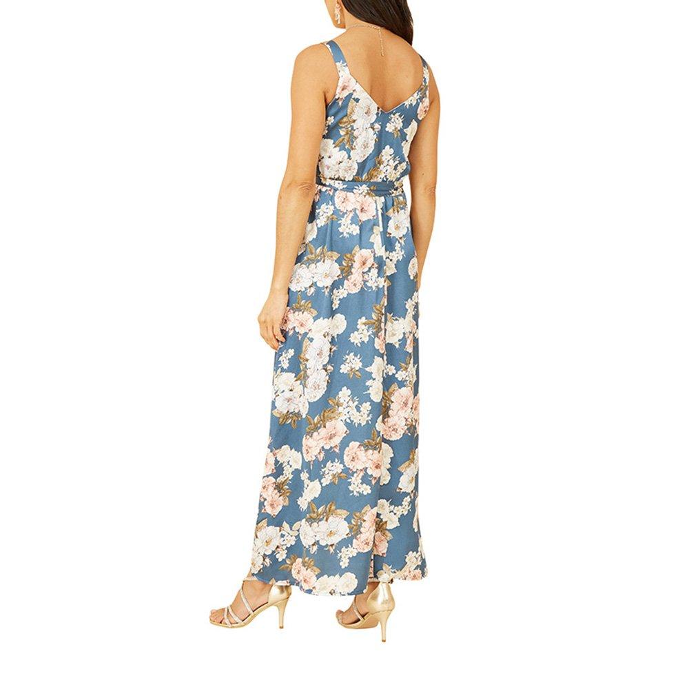 Blue - Mela London - Women's Blue Satin Floral Print Maxi Dress - 4