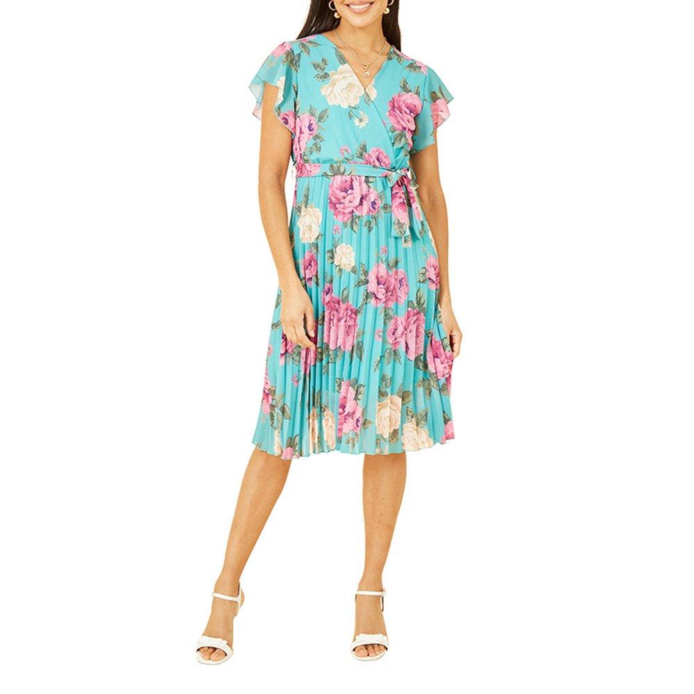 Green - Mela London - Women's Green Floral Pleated Wrap Dress - 2