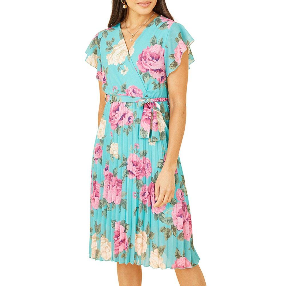 Green - Mela London - Women's Green Floral Pleated Wrap Dress - 3