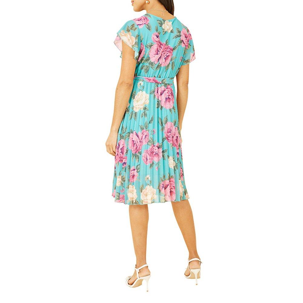 Green - Mela London - Women's Green Floral Pleated Wrap Dress - 4