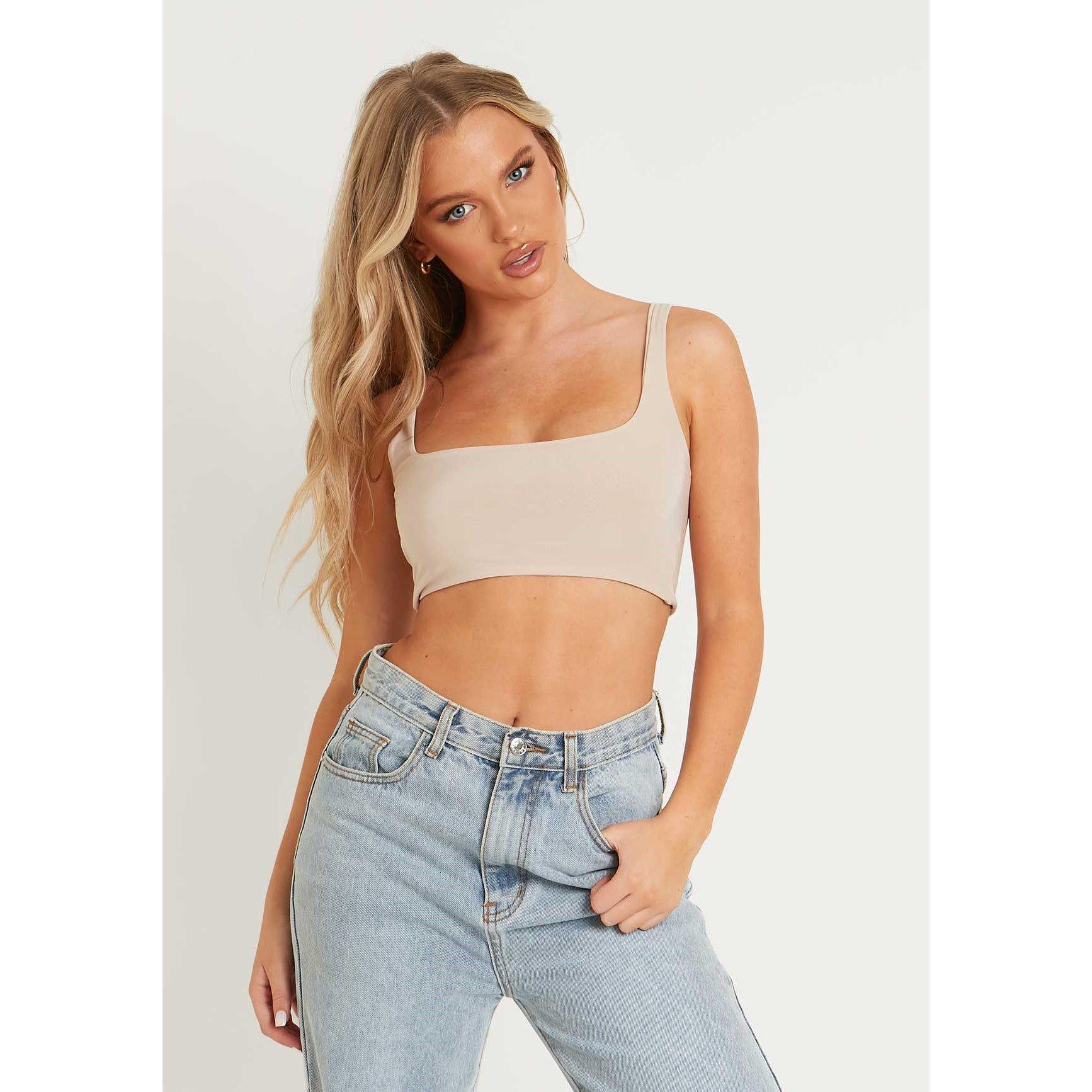 Missy Empire Women's Slinky Square Neck Extreme Crop Top - Sand - 14 (L)
