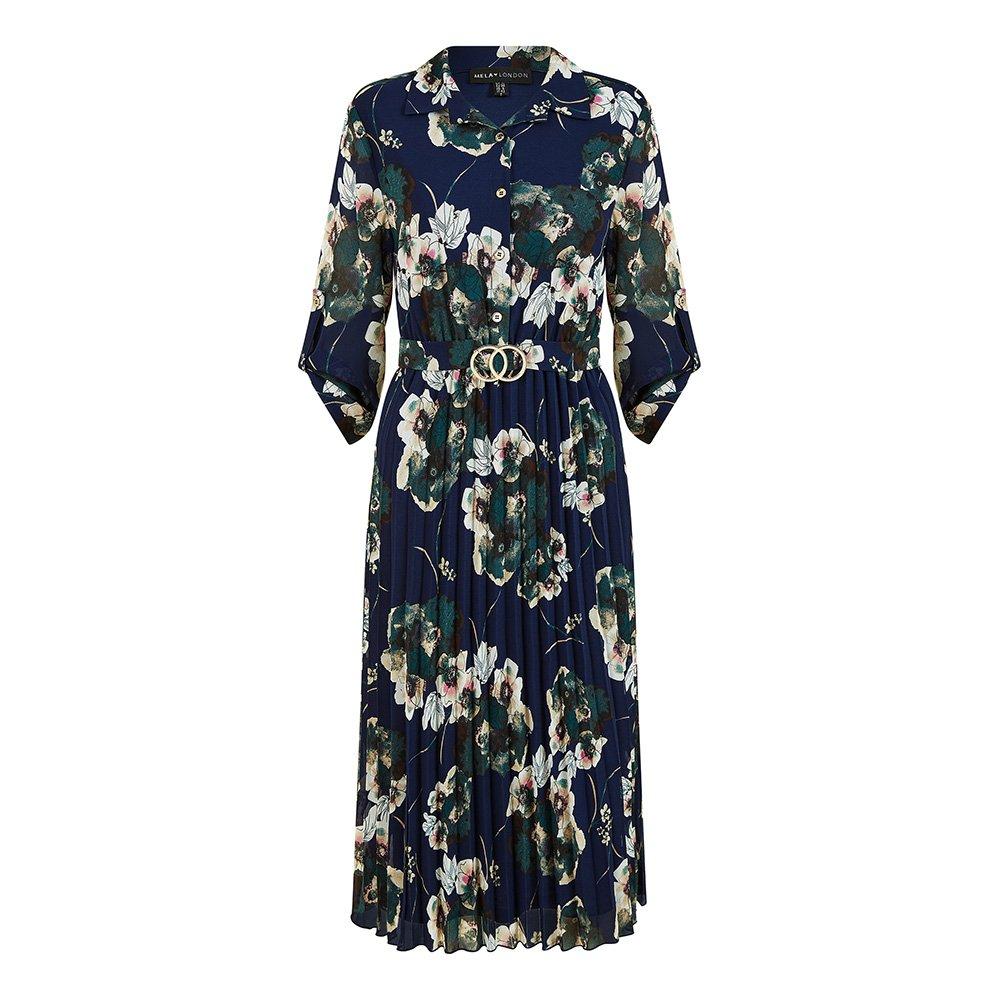 Mela London Women's Navy Floral Print Gold Buckle Midi Wrap Dress