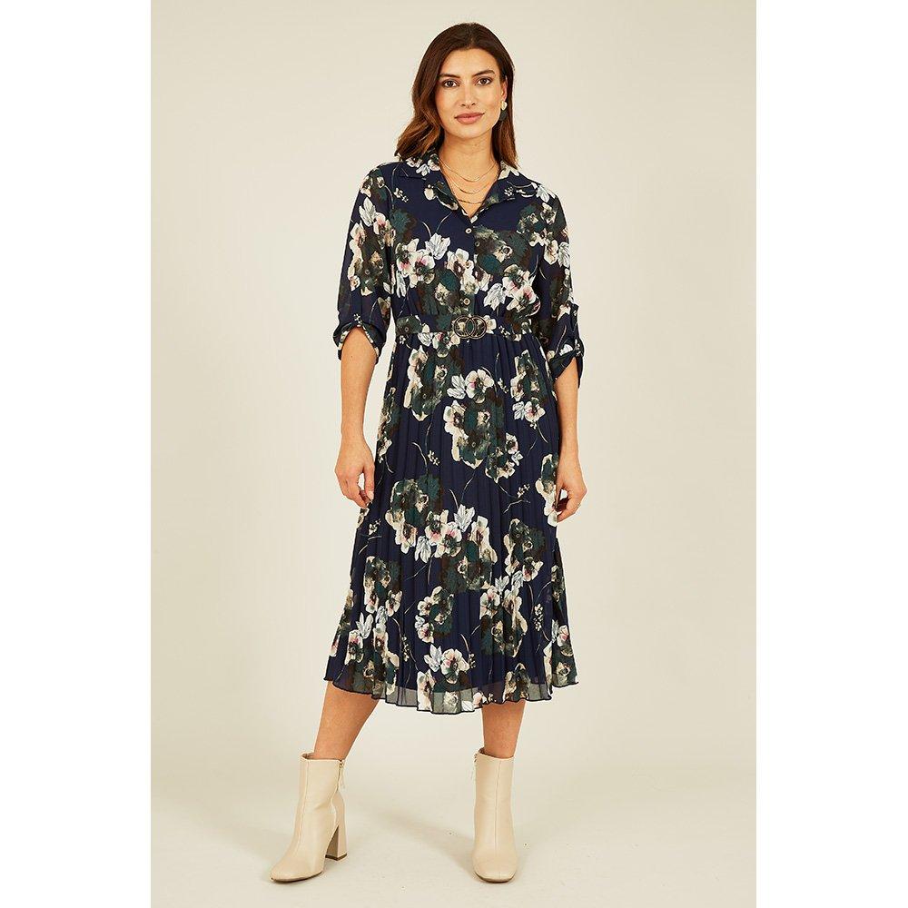 Navy - Mela London - Women's Navy Floral Print Gold Buckle Midi Wrap Dress - 2