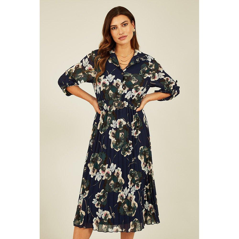 Navy - Mela London - Women's Navy Floral Print Gold Buckle Midi Wrap Dress - 3