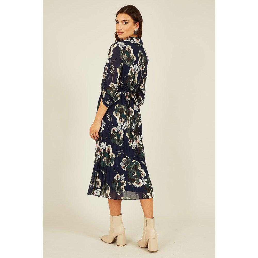Navy - Mela London - Women's Navy Floral Print Gold Buckle Midi Wrap Dress - 4