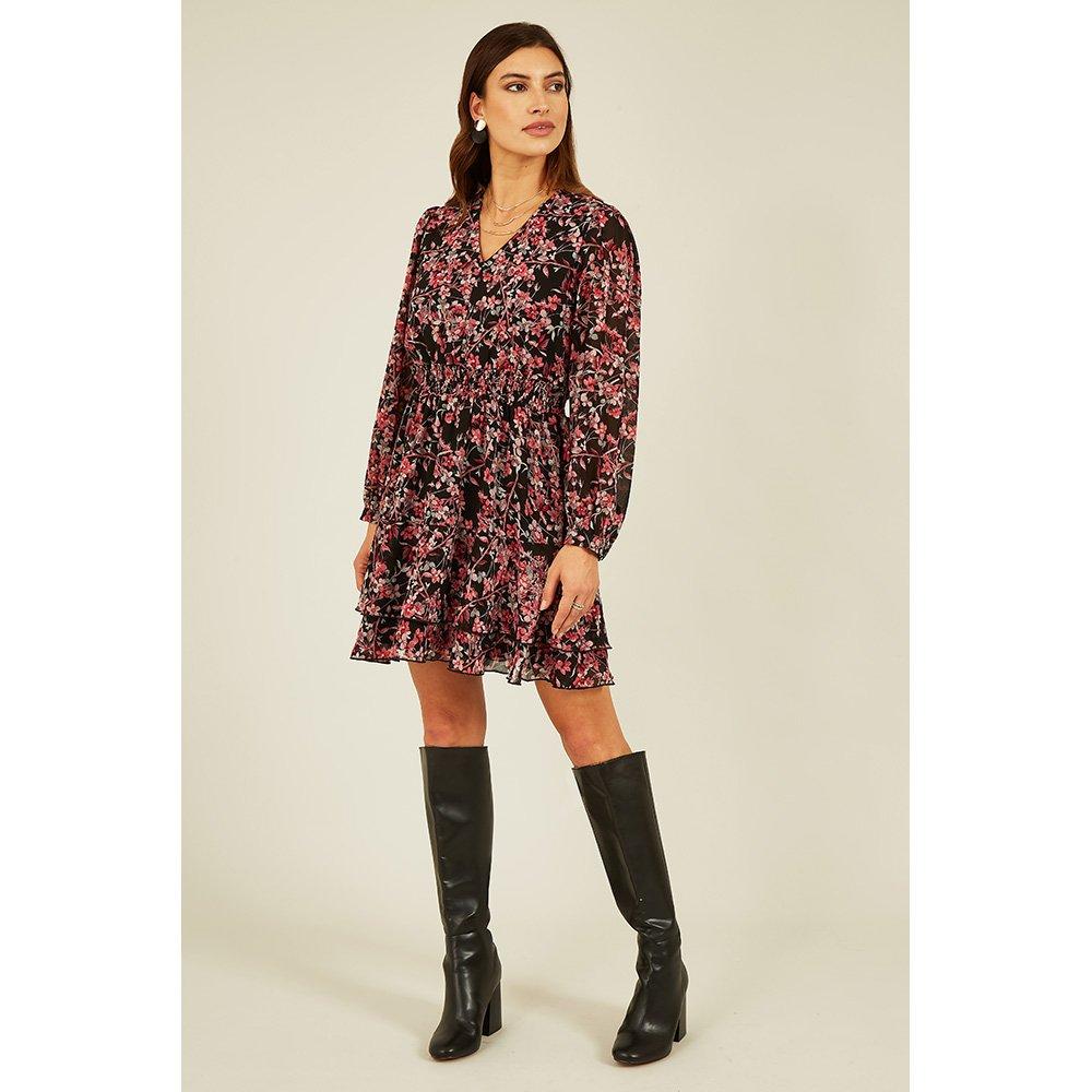 Black - Mela London - Women's Black Blossom Ruched Waist Wrap Dress - 2