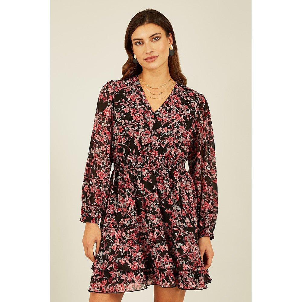 Black - Mela London - Women's Black Blossom Ruched Waist Wrap Dress - 3