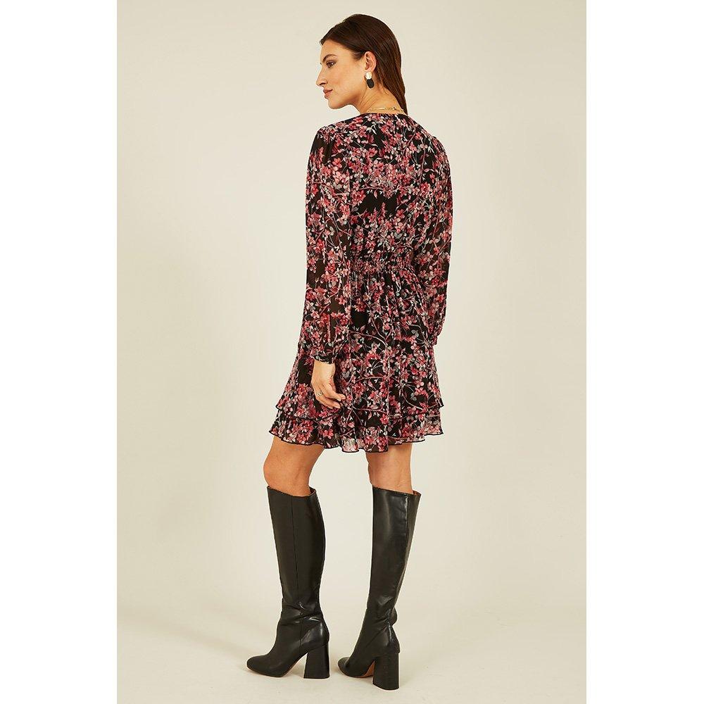 Black - Mela London - Women's Black Blossom Ruched Waist Wrap Dress - 4