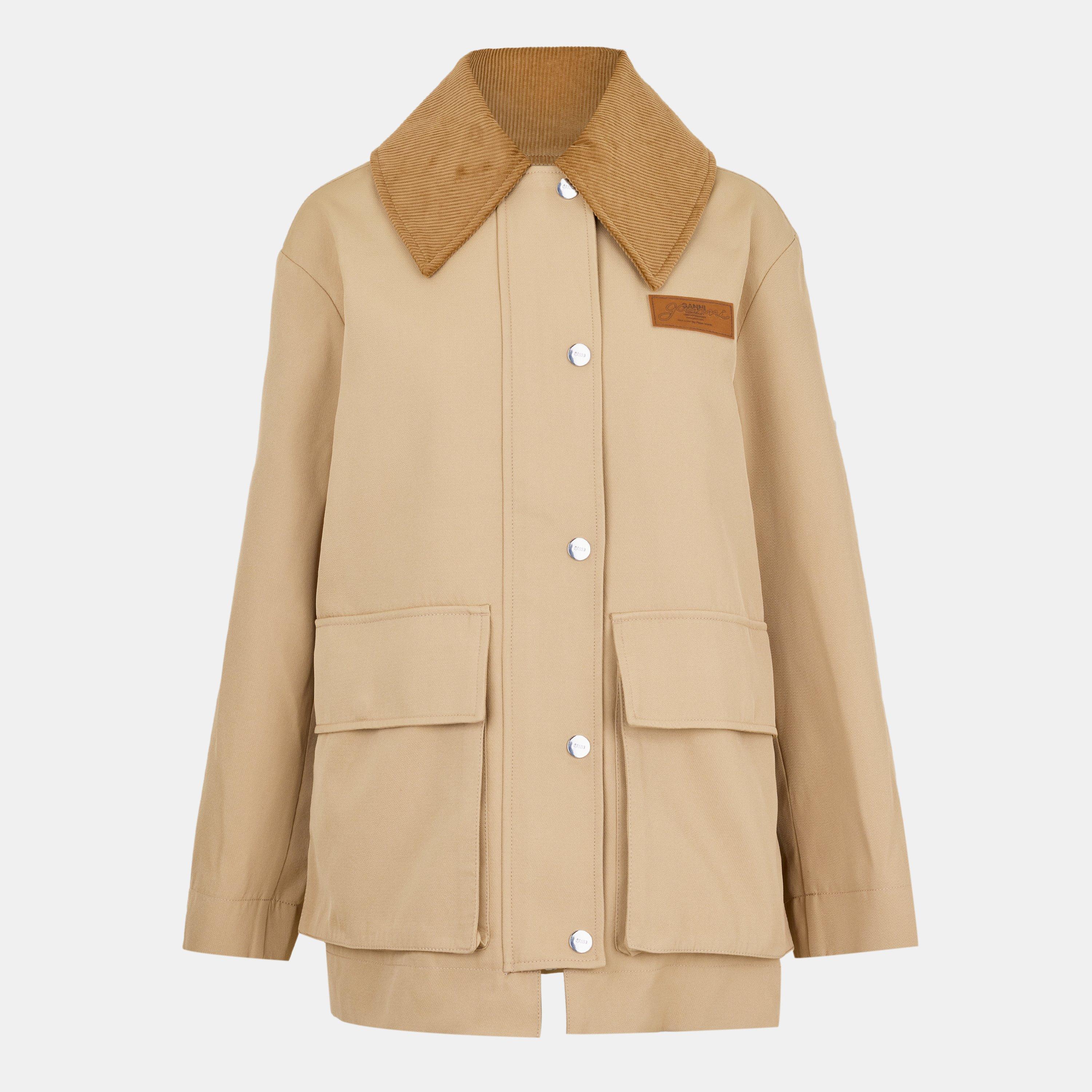 Pale Khaki - Ganni - Women's Camel Twill Midi Long Sleeve Button Field Jacket - 1