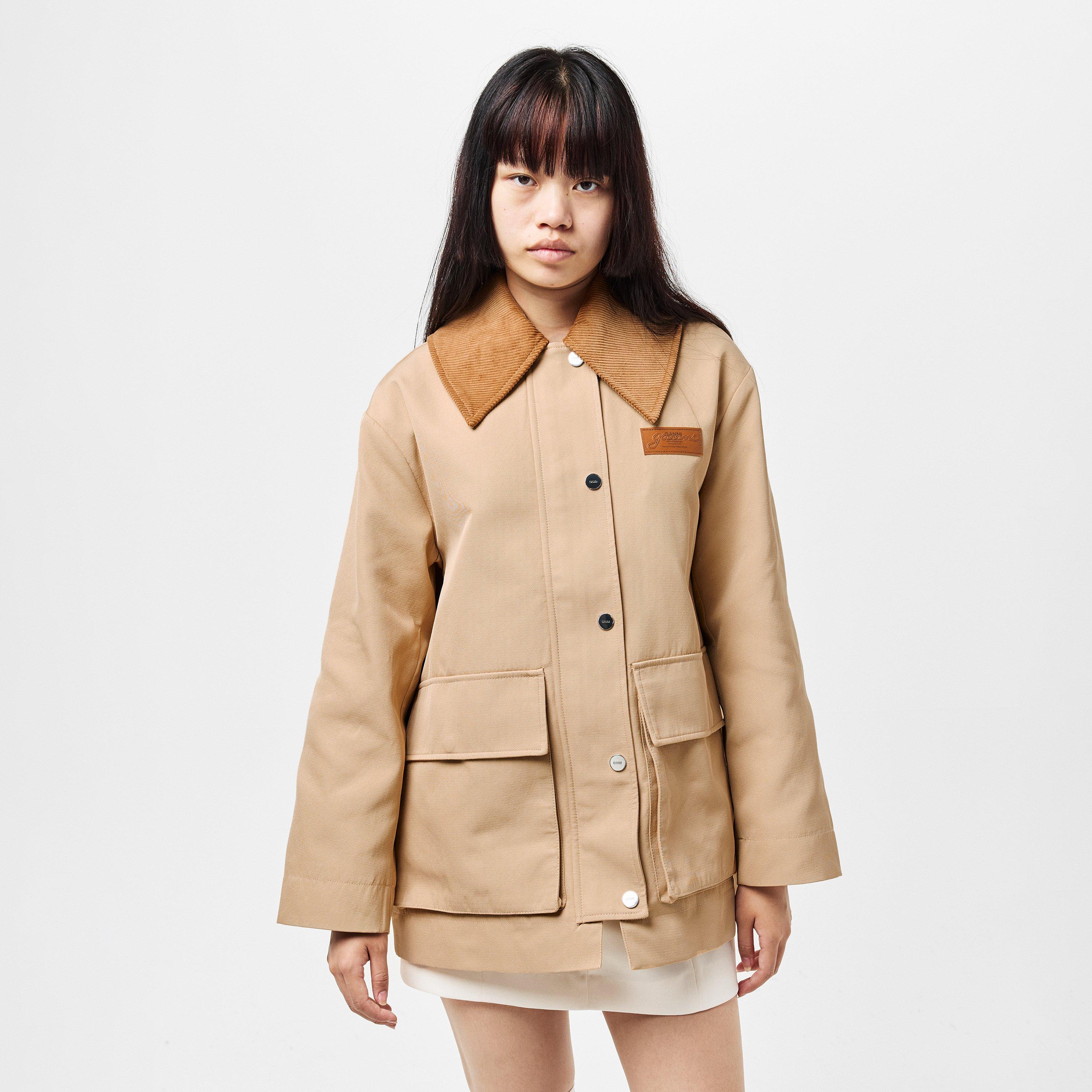 Pale Khaki - Ganni - Women's Camel Twill Midi Long Sleeve Button Field Jacket - 3