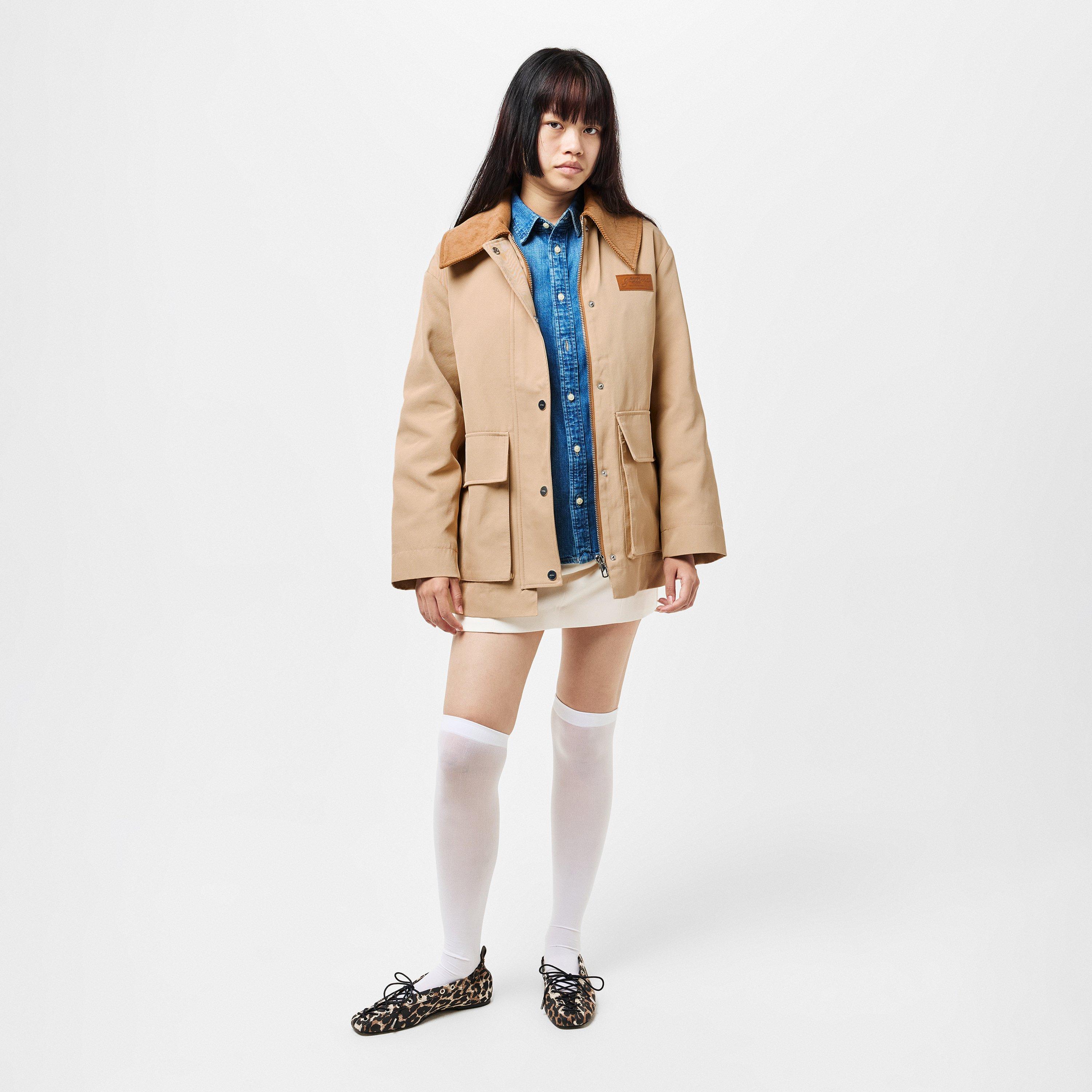 Pale Khaki - Ganni - Women's Camel Twill Midi Long Sleeve Button Field Jacket - 6