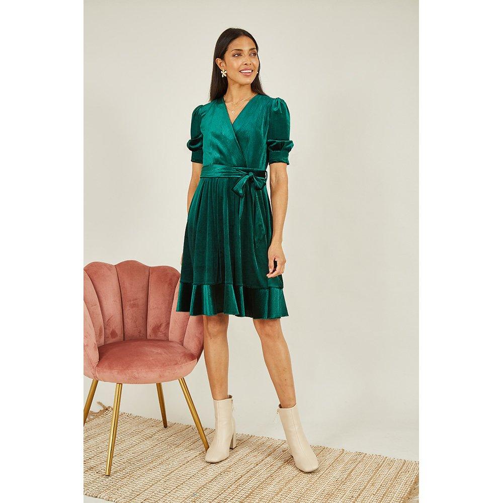 Green - Mela London - Women's Velvet Wrap Skater Dress - 2