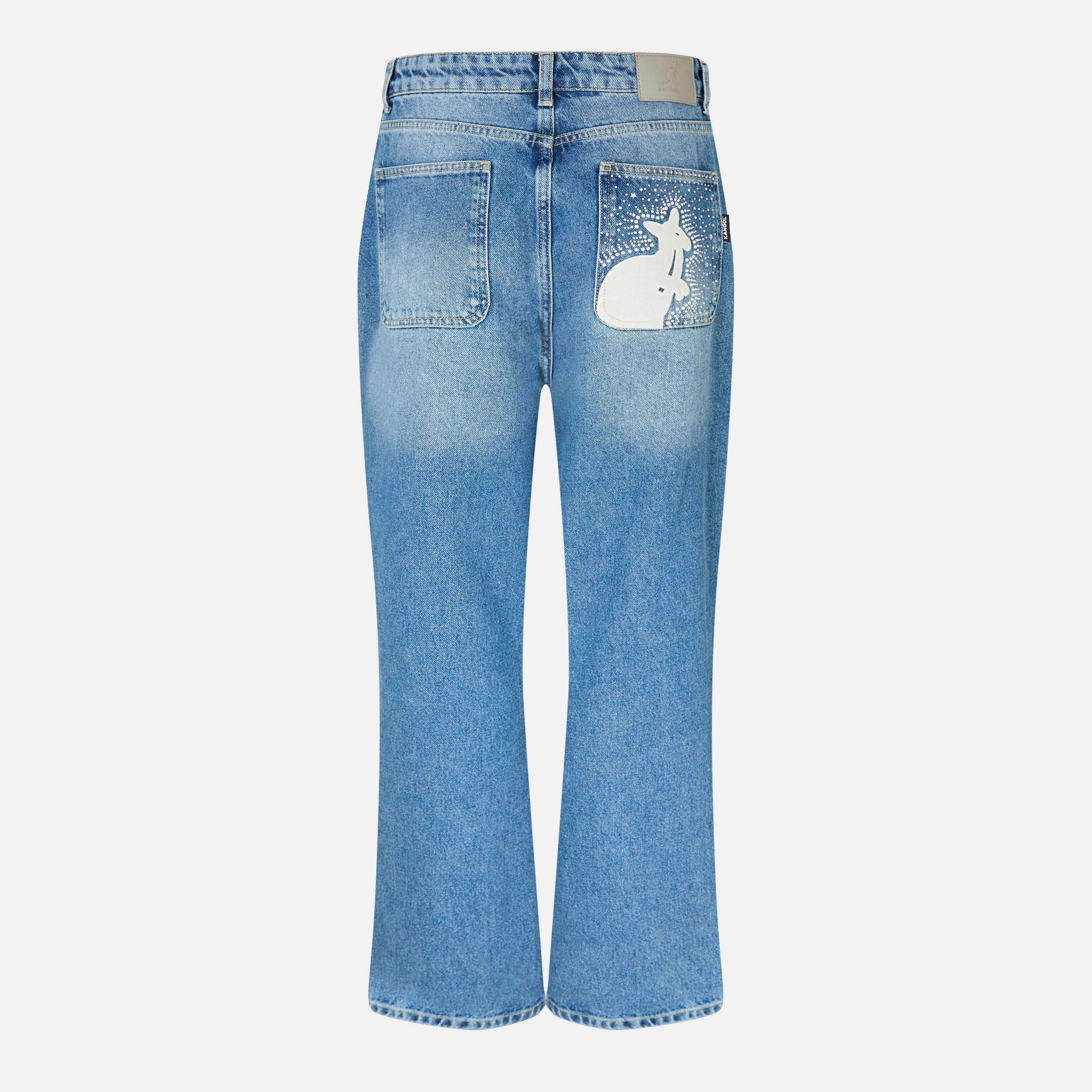 Blue - Kangol - Women's Patch Baggy Wide Leg Jeans - 2