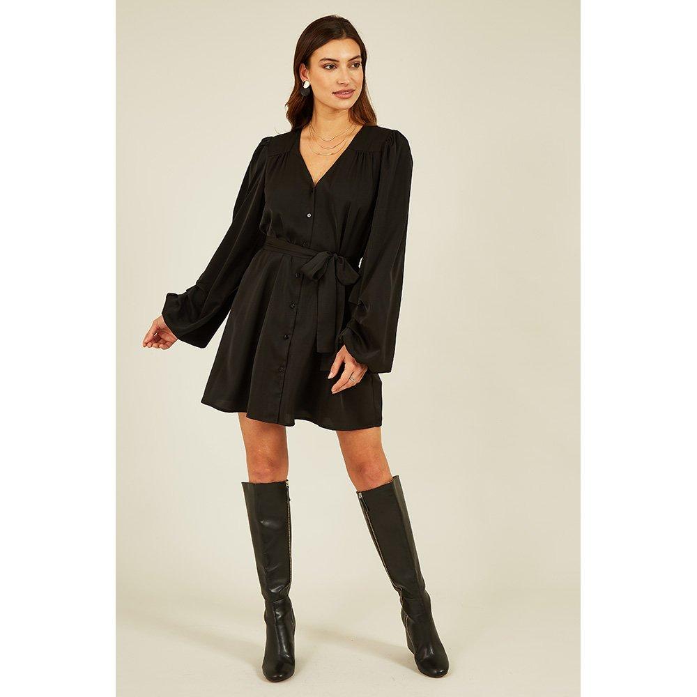 Black - Mela London - Women's Green Balloon Sleeve Shirt Dress - 2