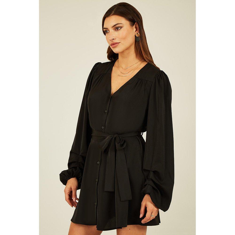 Black - Mela London - Women's Green Balloon Sleeve Shirt Dress - 3