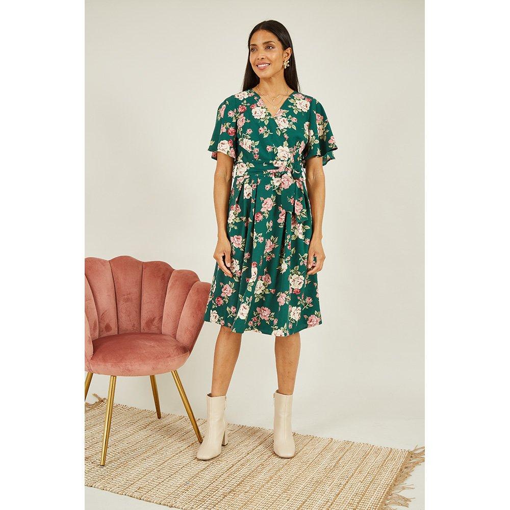 Green - Mela London - Women's Green Floral Wrap Skater Dress - 2