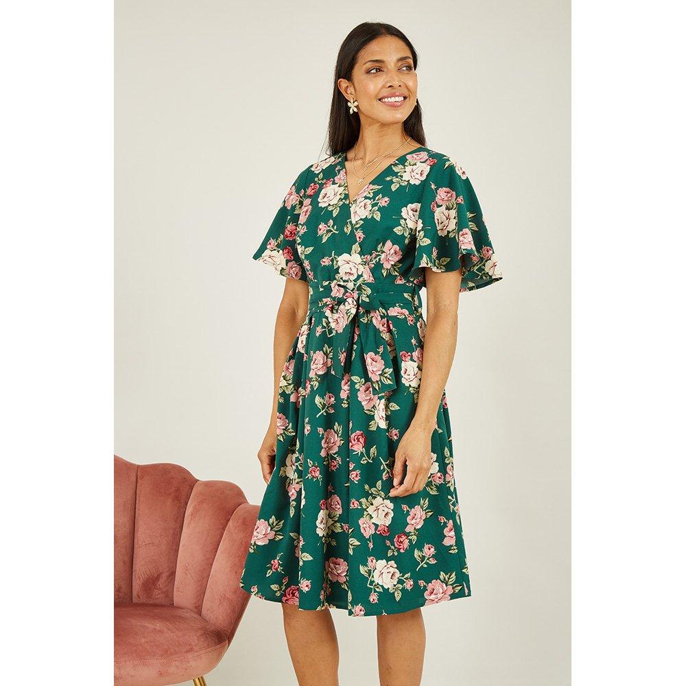 Green - Mela London - Women's Green Floral Wrap Skater Dress - 3