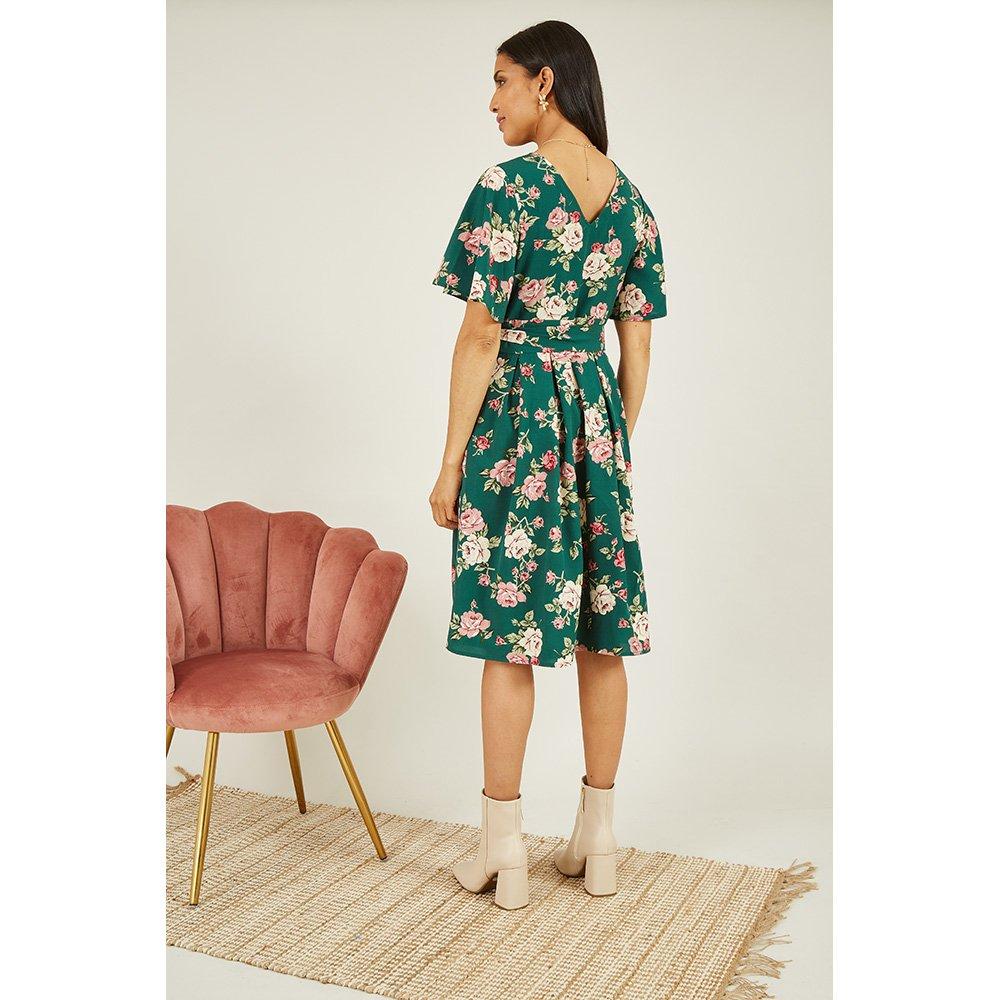 Green - Mela London - Women's Green Floral Wrap Skater Dress - 4