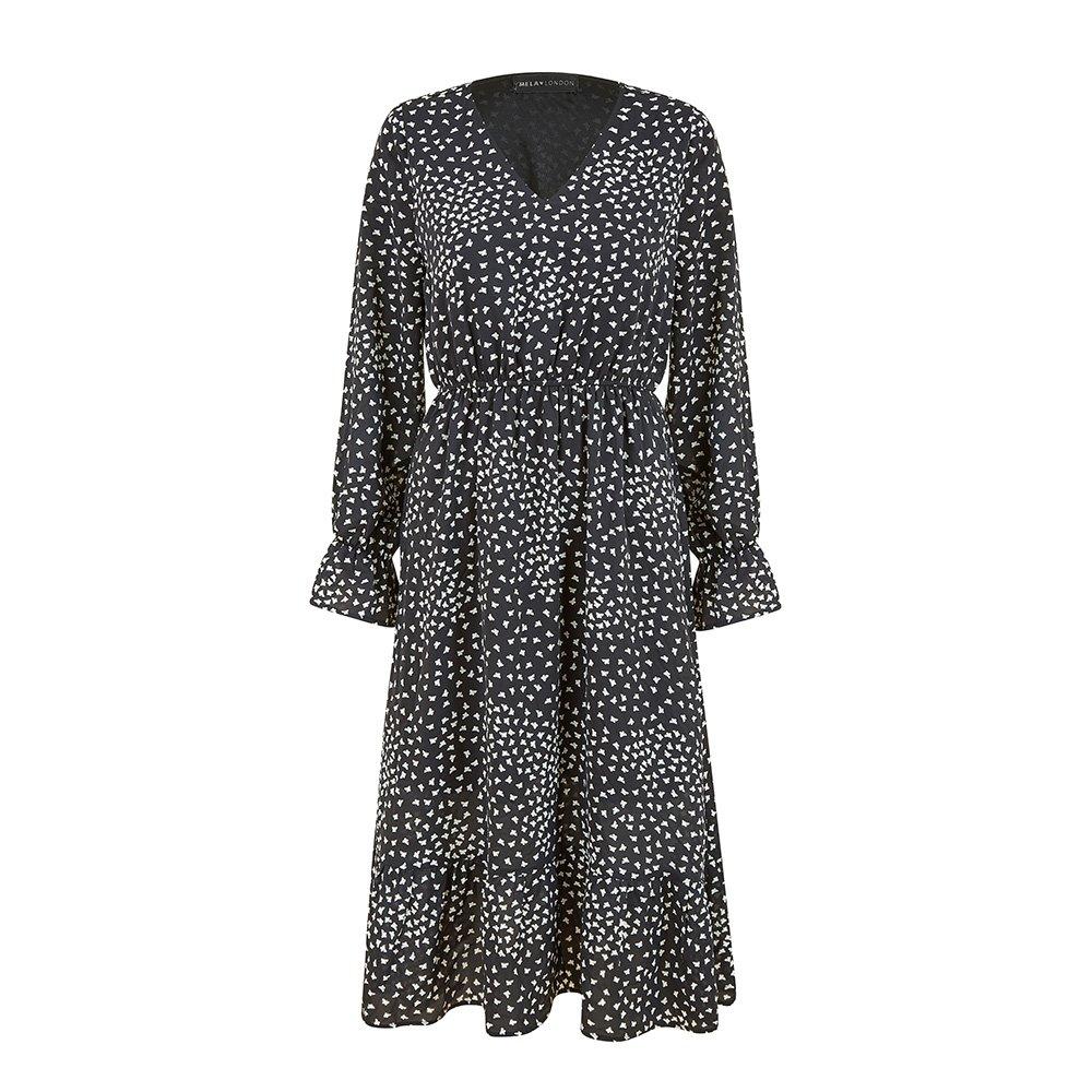 Black - Mela London - Women's Black Butterfly Long-Sleeve Midi Wrap Dress - 1