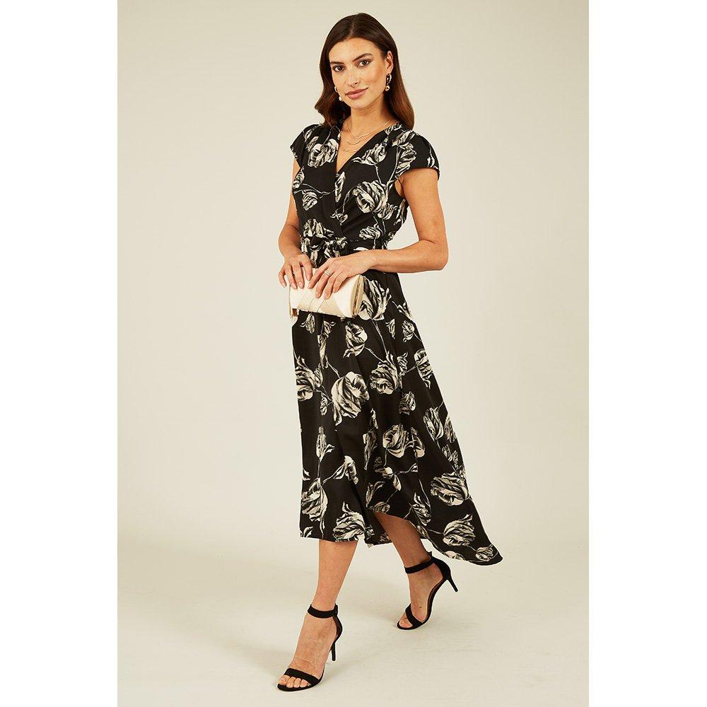 Black - Mela London - Women's Black Rose Print Dipped Hem Wrap Dress - 2