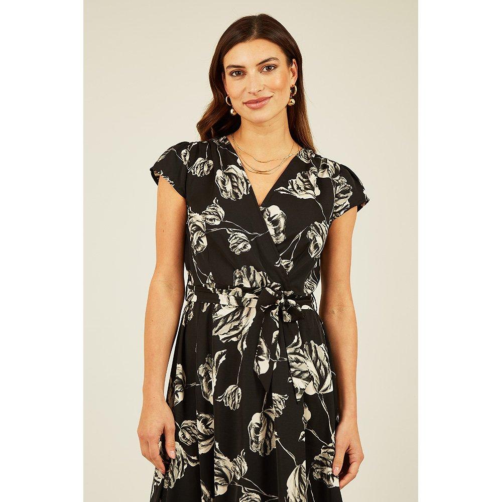 Black - Mela London - Women's Black Rose Print Dipped Hem Wrap Dress - 3