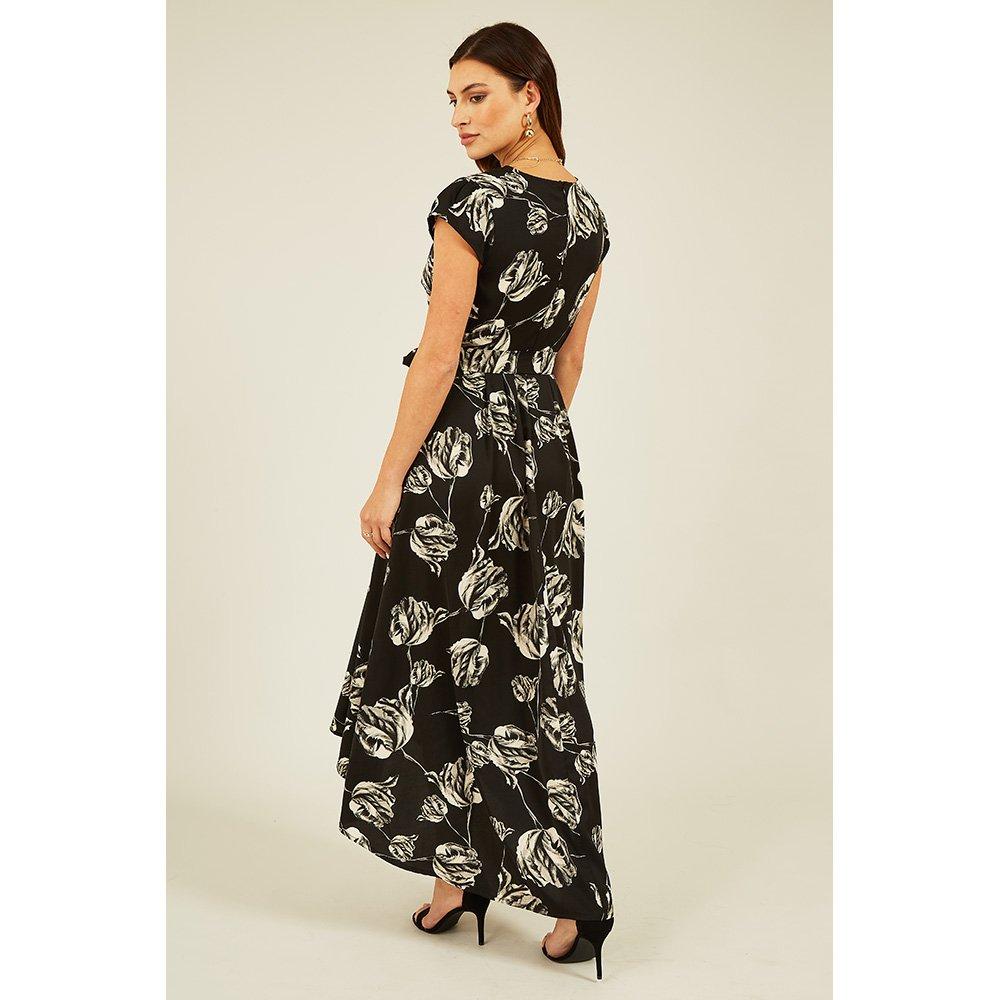 Black - Mela London - Women's Black Rose Print Dipped Hem Wrap Dress - 4