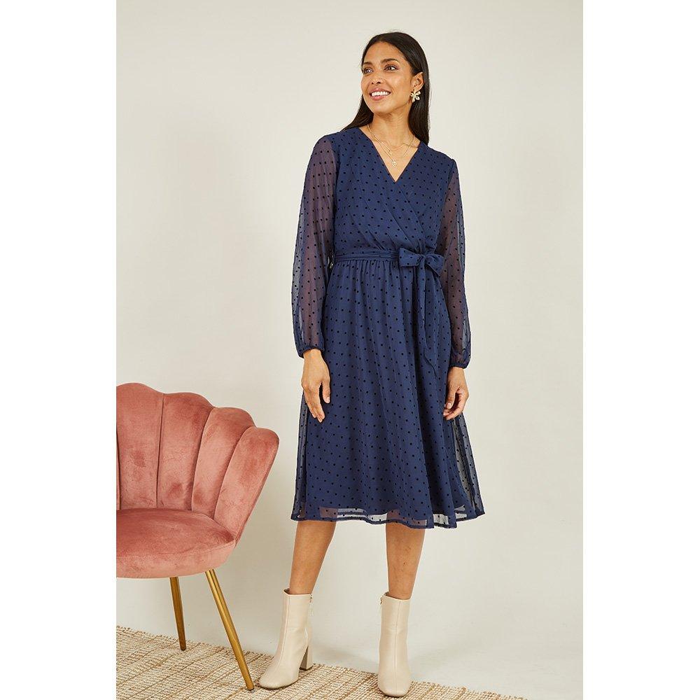 Navy - Mela London - Women's Navy Dobby Spot Midi Wrap Dress - 2