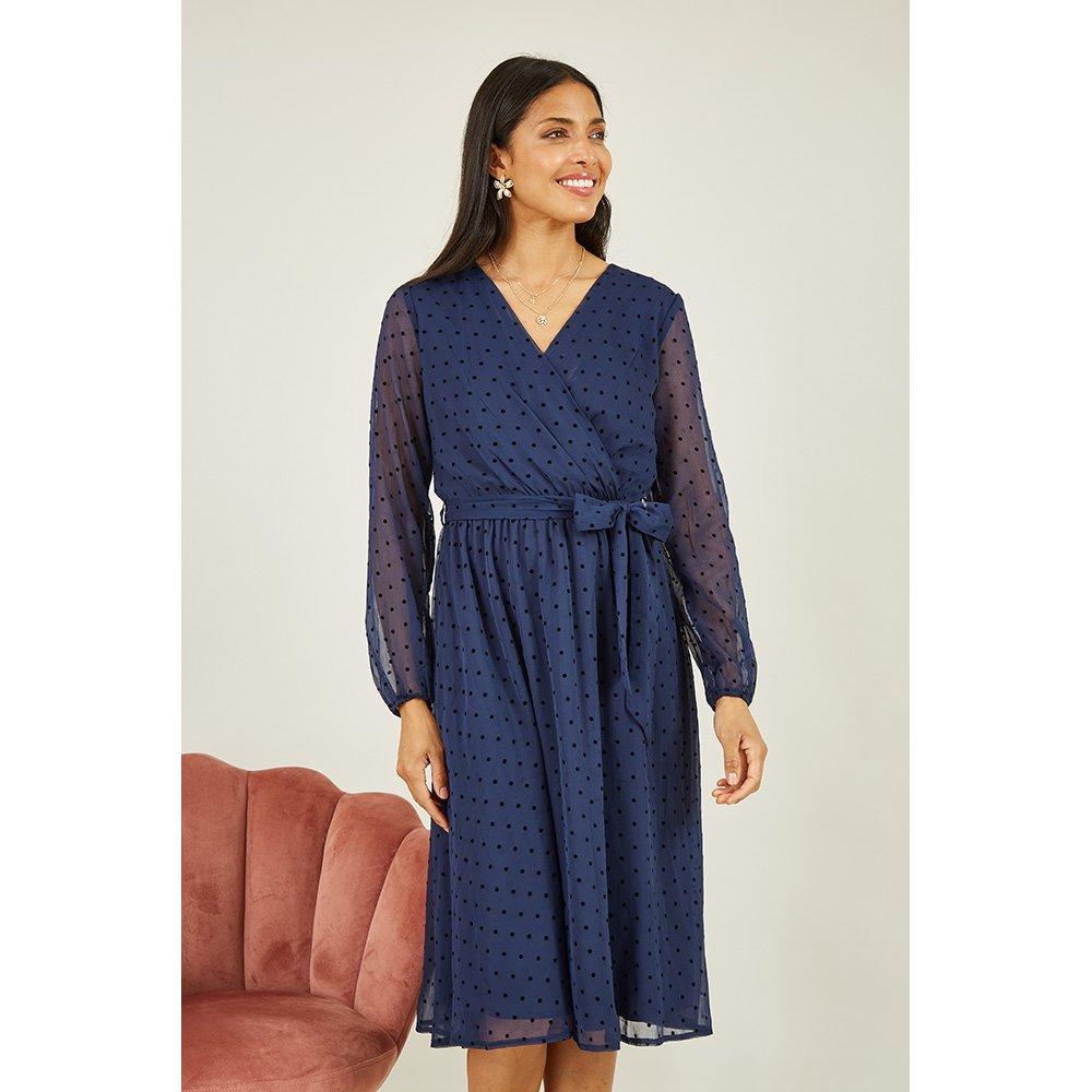 Navy - Mela London - Women's Navy Dobby Spot Midi Wrap Dress - 3