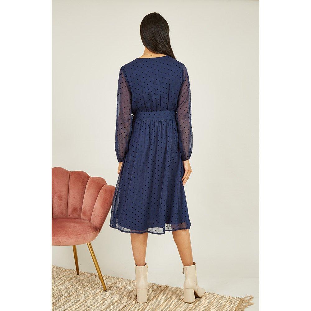 Navy - Mela London - Women's Navy Dobby Spot Midi Wrap Dress - 4