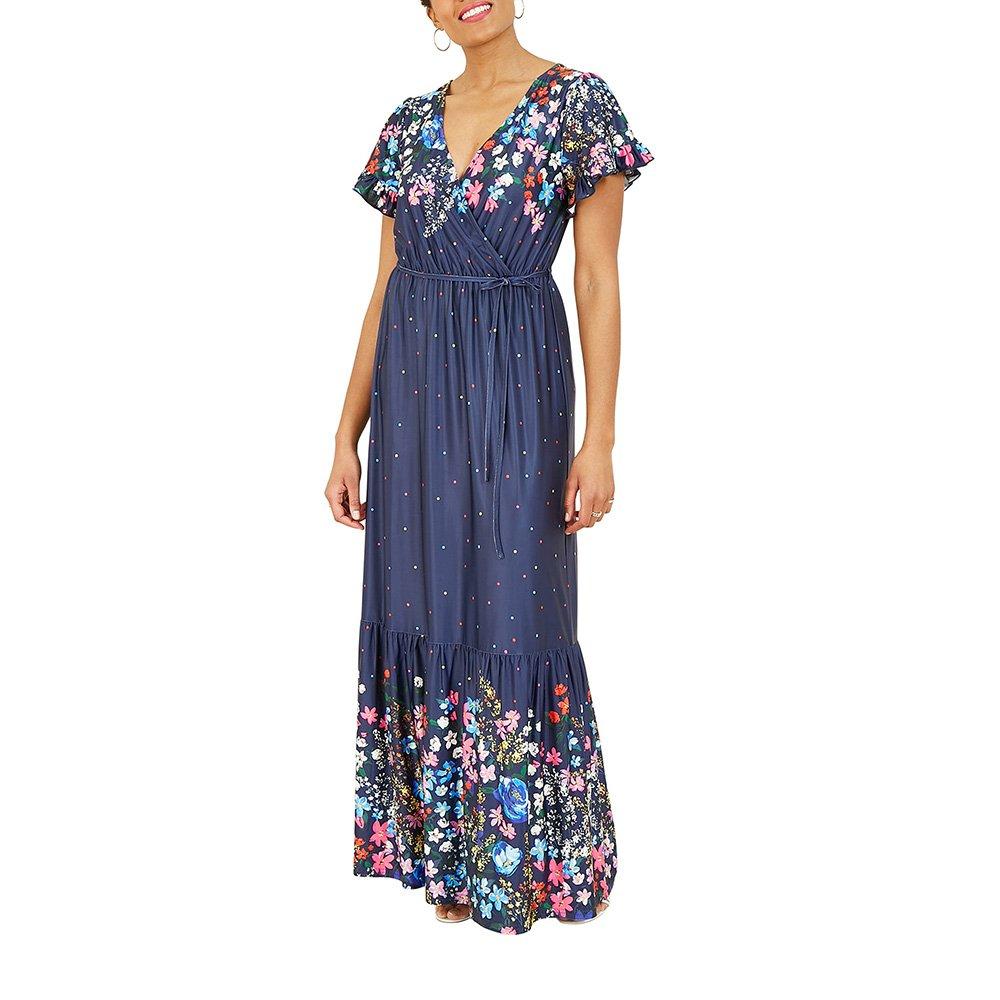 Navy - Yumi - Women's Navy Floral Slinky Jersey Maxi Dress - 2