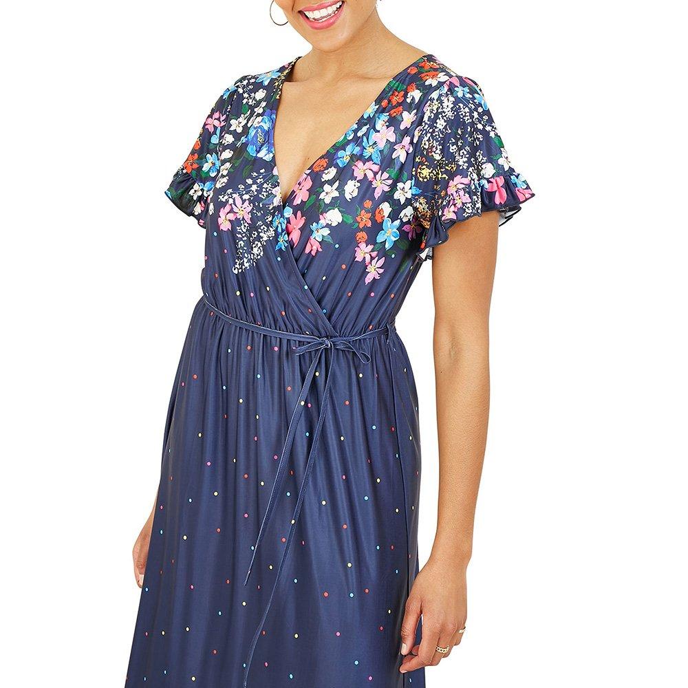 Navy - Yumi - Women's Navy Floral Slinky Jersey Maxi Dress - 3