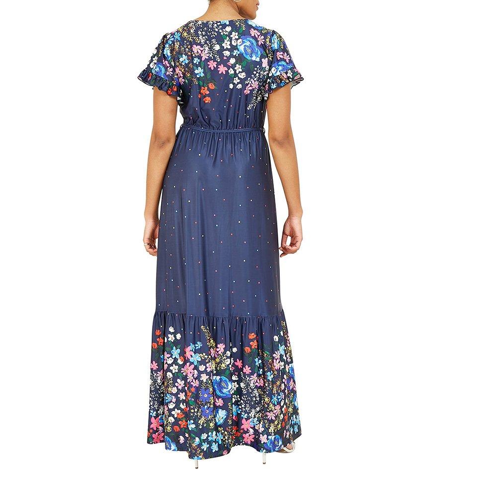 Navy - Yumi - Women's Navy Floral Slinky Jersey Maxi Dress - 4