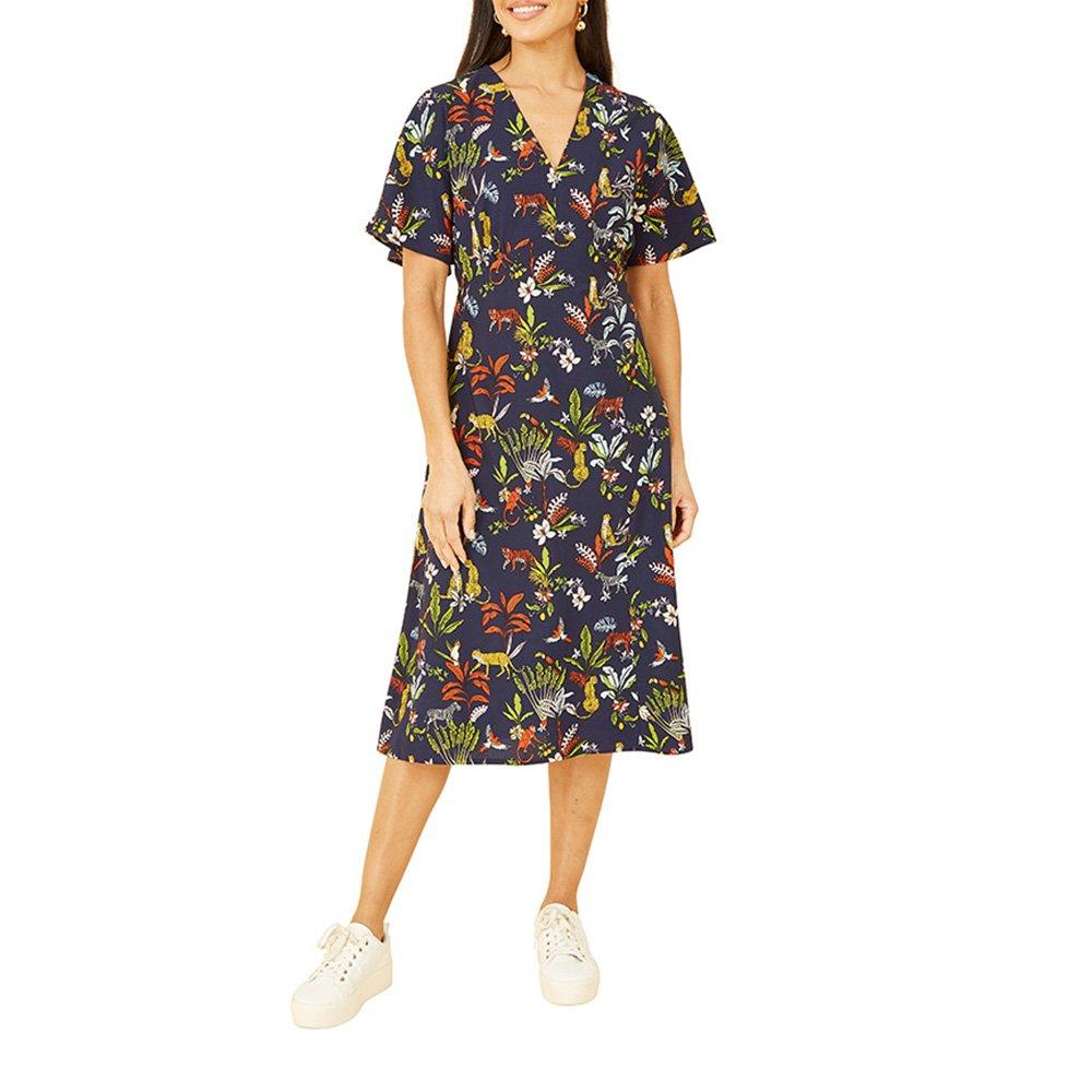 Navy - Yumi - Women's Navy Animal Kingdom Print Midi Wrap Dress - 2