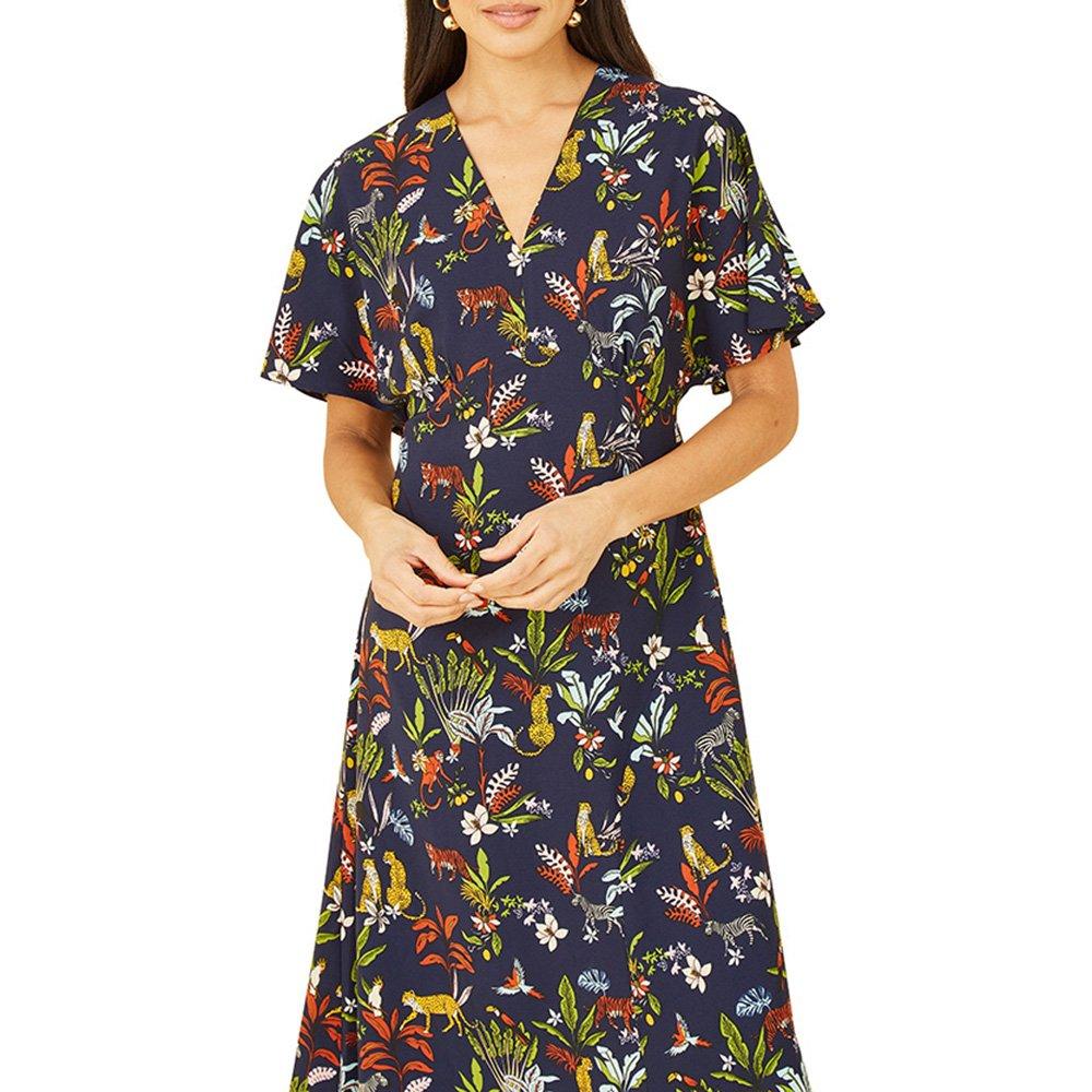 Navy - Yumi - Women's Navy Animal Kingdom Print Midi Wrap Dress - 3