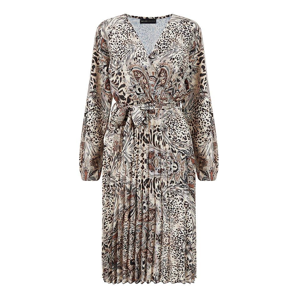 Brown - Mela London - Women's Brown Animal Paisley Pleated Wrap Dress - 1