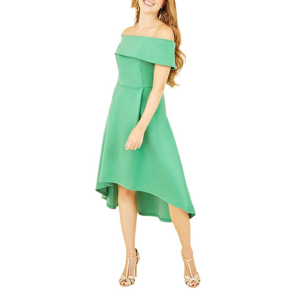 Bright Green - Mela London - Women's Bright Green Bardot Dipped Hem Swing Dress - 2