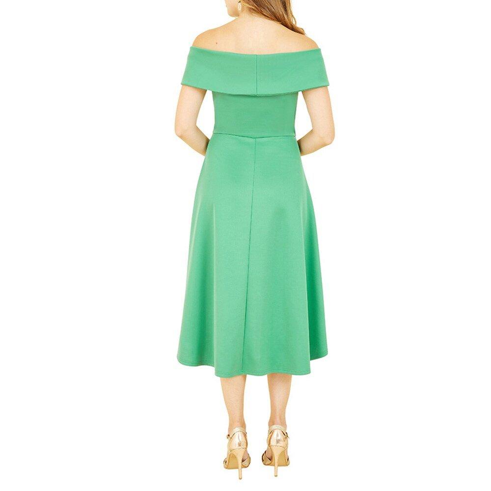 Bright Green - Mela London - Women's Bright Green Bardot Dipped Hem Swing Dress - 4