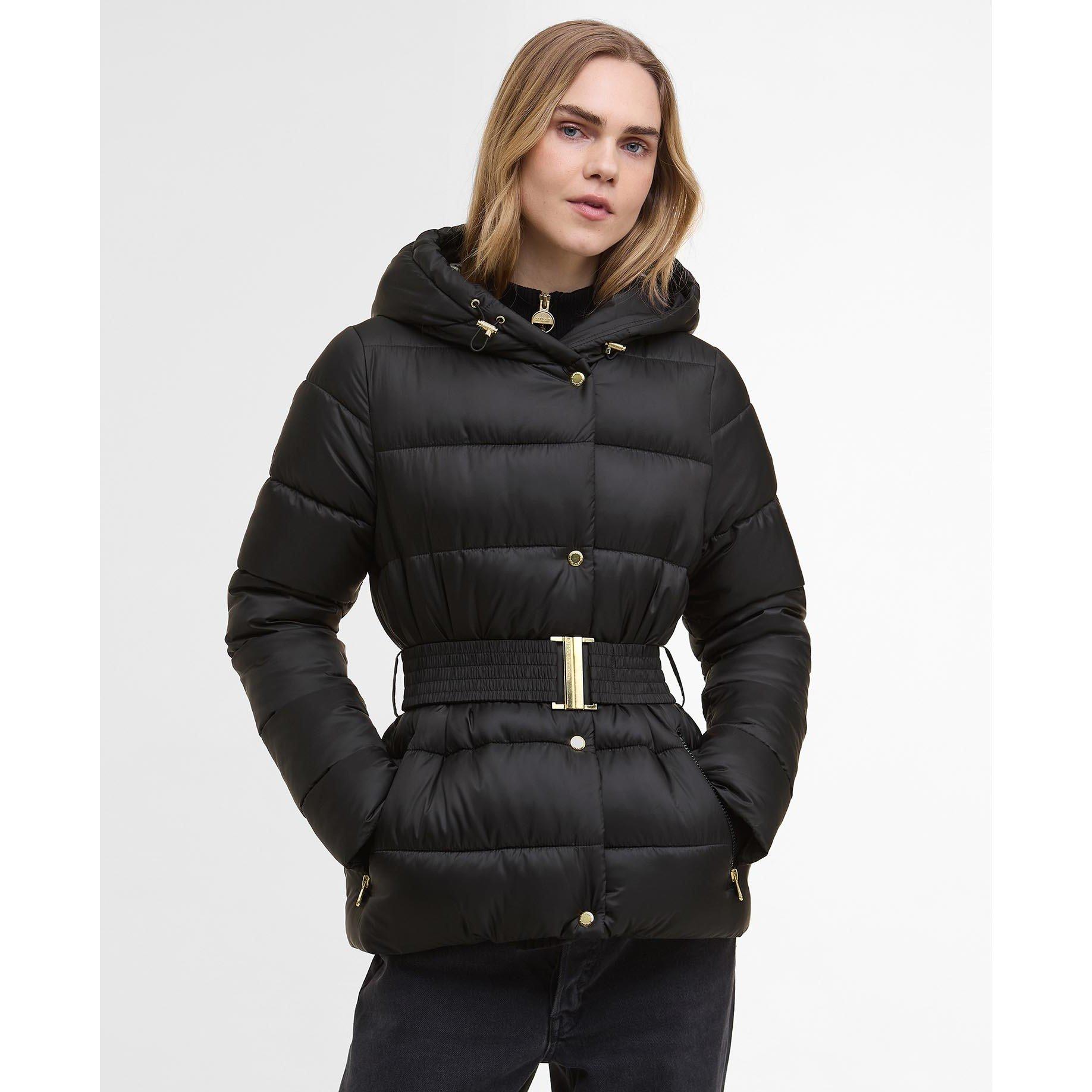 Black/Jasmine L - Barbour International - Women's Track Line Detachable Hood Long Sleeve Short Puffer Jacket - 2