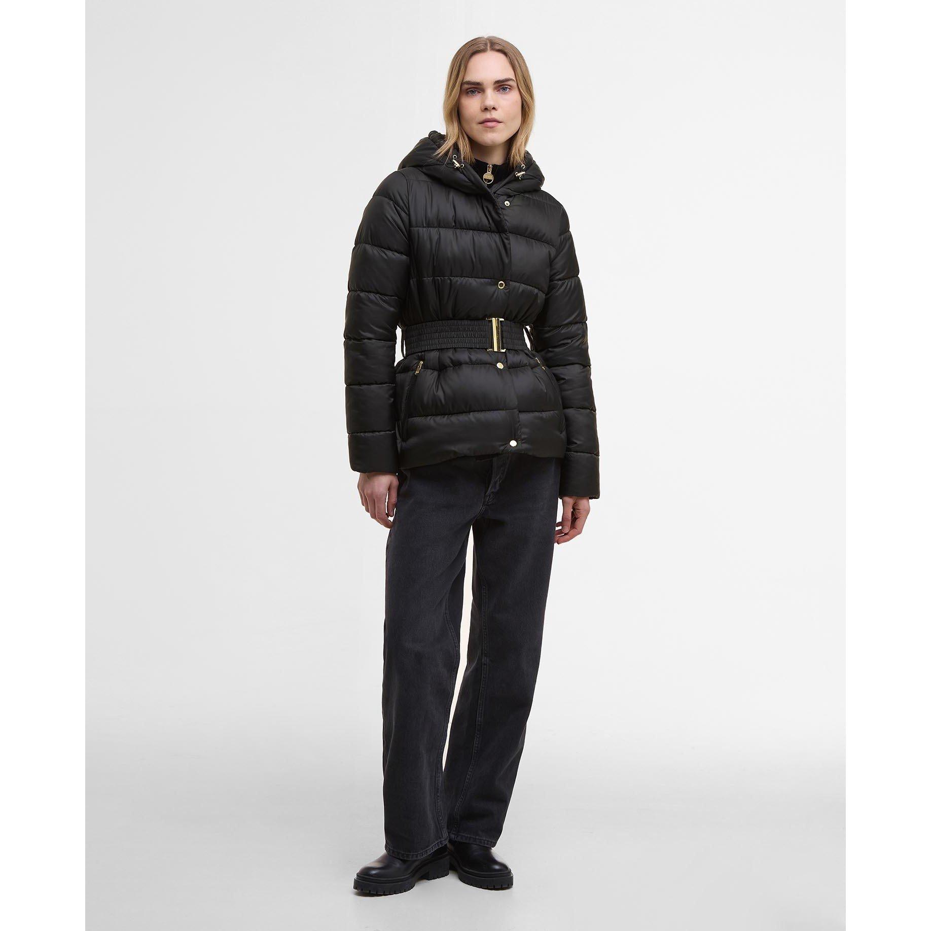 Black/Jasmine L - Barbour International - Women's Track Line Detachable Hood Long Sleeve Short Puffer Jacket - 7
