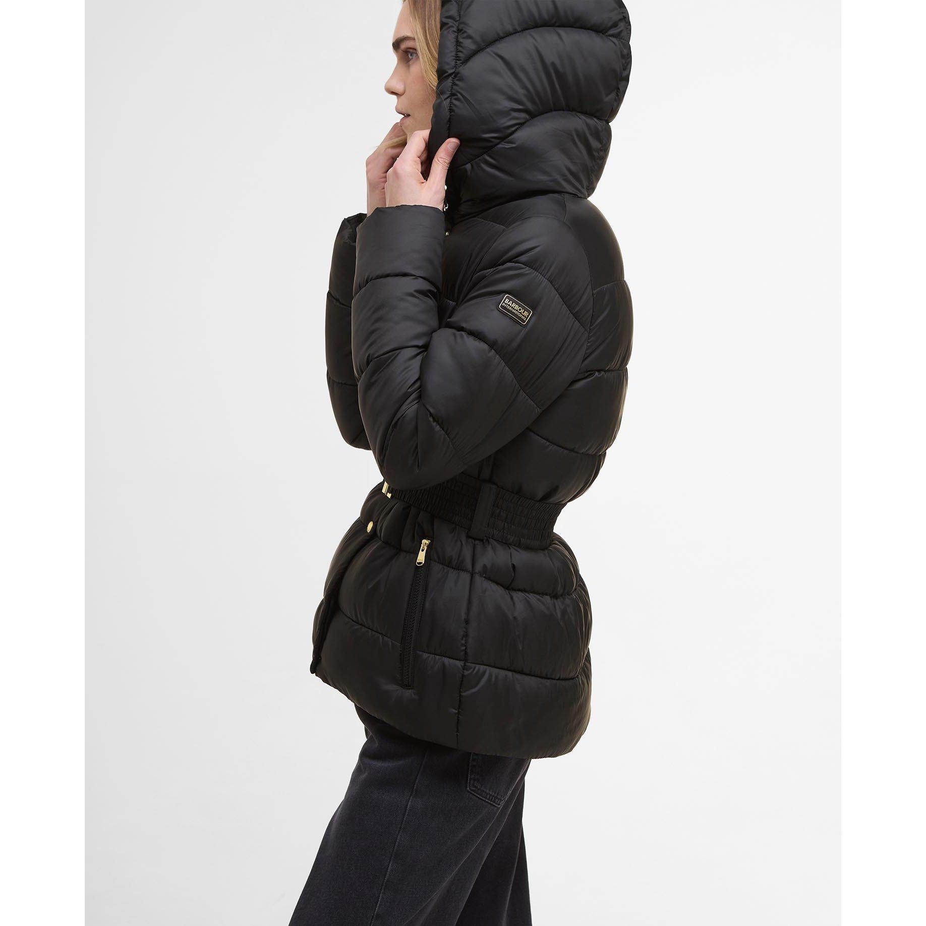 Black/Jasmine L - Barbour International - Women's Track Line Detachable Hood Long Sleeve Short Puffer Jacket - 5