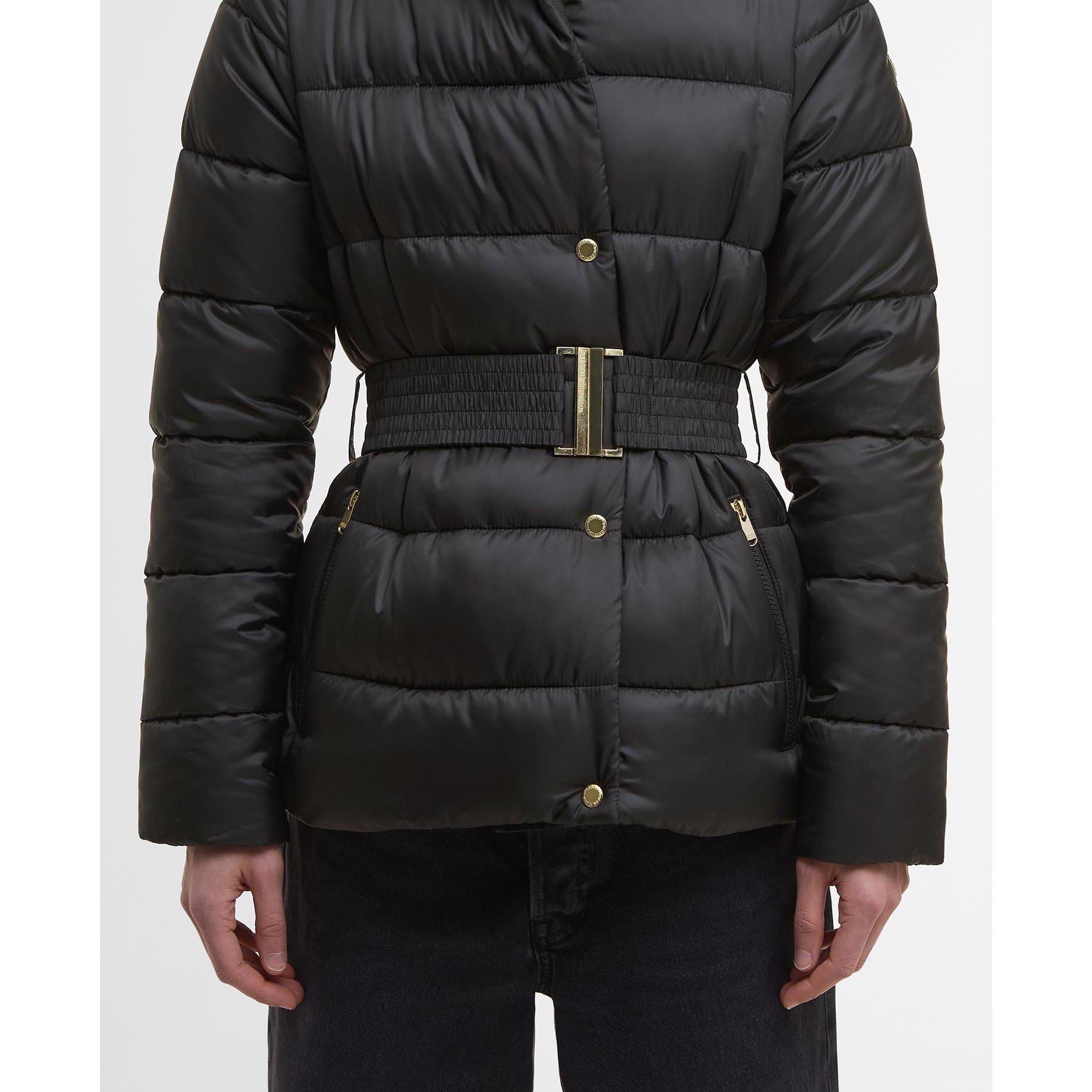 Black/Jasmine L - Barbour International - Women's Track Line Detachable Hood Long Sleeve Short Puffer Jacket - 6