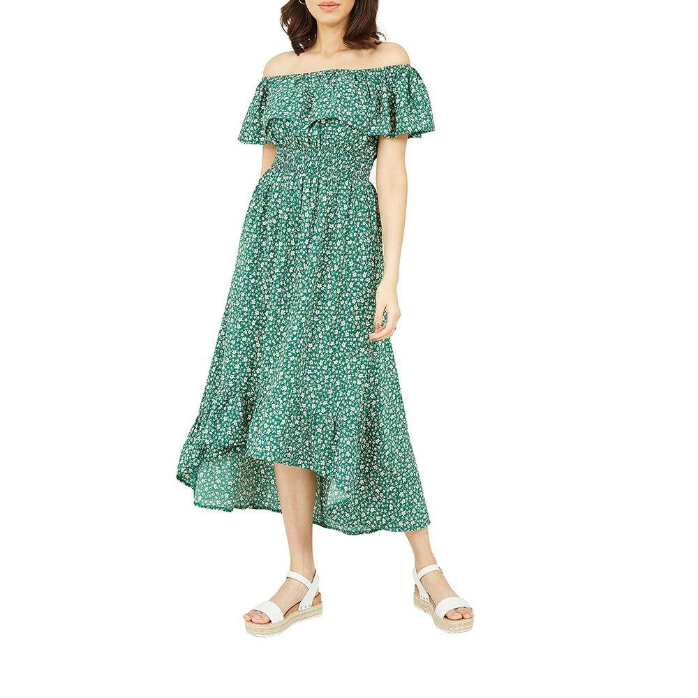 Green - Mela London - Women's Green Ditsy Daisy Printed Bardot Maxi Dress - 2